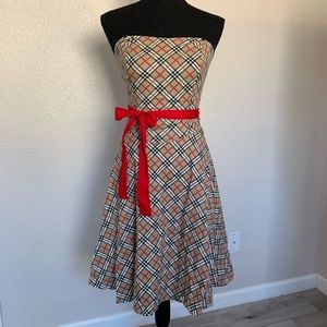 Brown Plaid Dress with Red Ribbon belt.